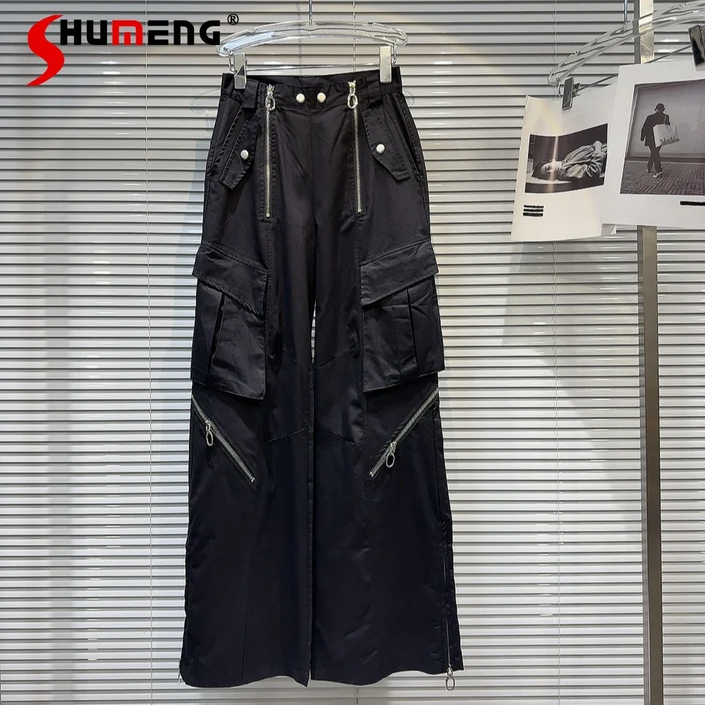 

2024 Autumn New Black Trousers Women Double Zipper Pockets Locomotive Tooling Wide-leg Pants Hot Girl Streetwear Cargo Pants