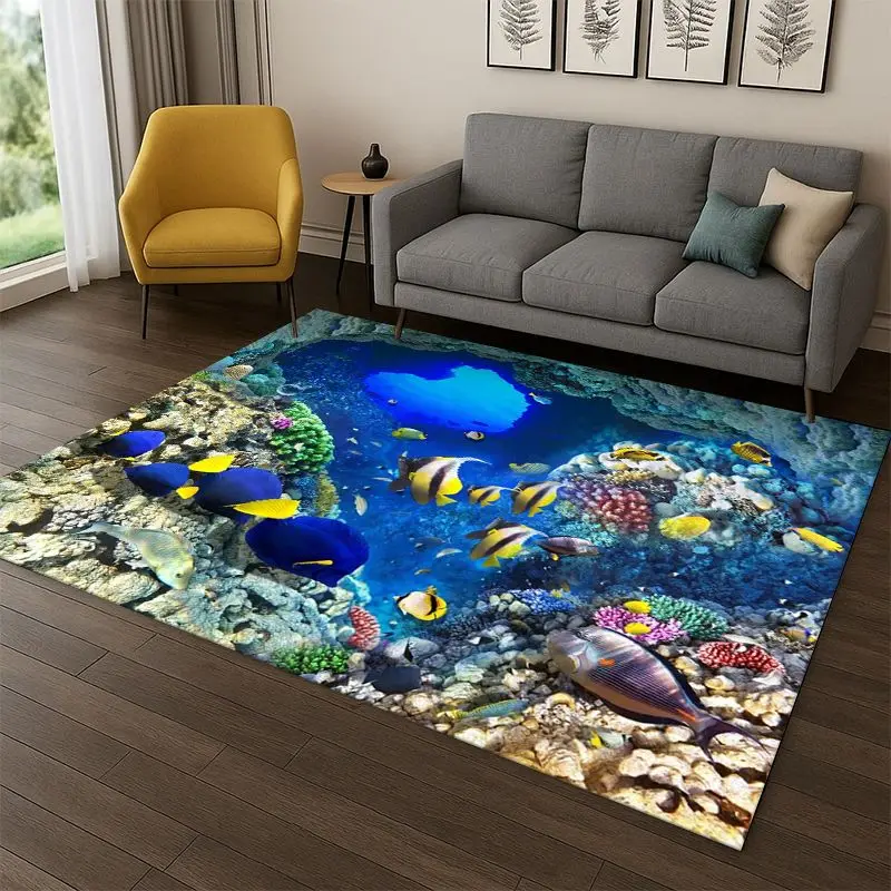 3D Illusion Underwater World Marine Life Shark Dolphin Cartoon Carpet Rug for Bedroom Living Room Sofa Doormat kids Non-slip