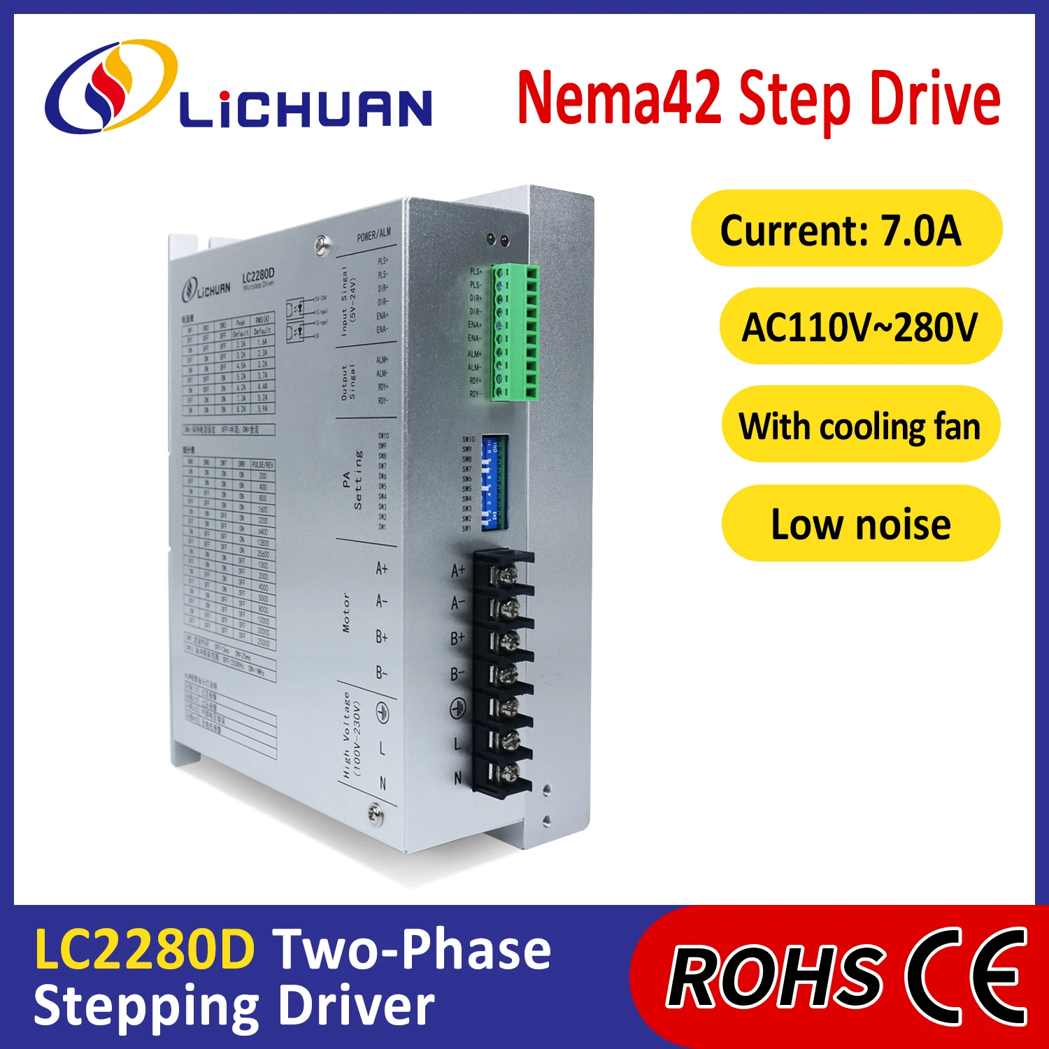 

Lichuan 2 Phase Nema42 Stepper Driver Controller AC110V～280V 7A 400～60000ppr AC Open Loop Stepper Motors Drivers for Automated