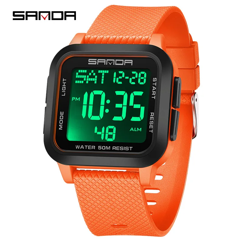 SANDA-reloj electrónico para hombre, cronógrafo de pulsera sencillo e informal, resistente al agua, con alarma cuadrada, a la moda, 2194
