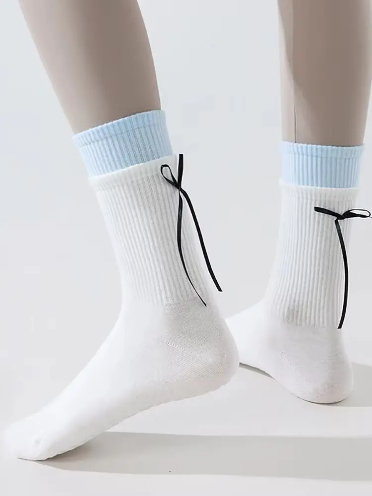Trendige doppellagige Yoga-Socken mit Schleifenbändern, rutschfeste, weiche, atmungsaktive Stoffsocken für Damen, Wadensocken, Pilates-Übungssocken