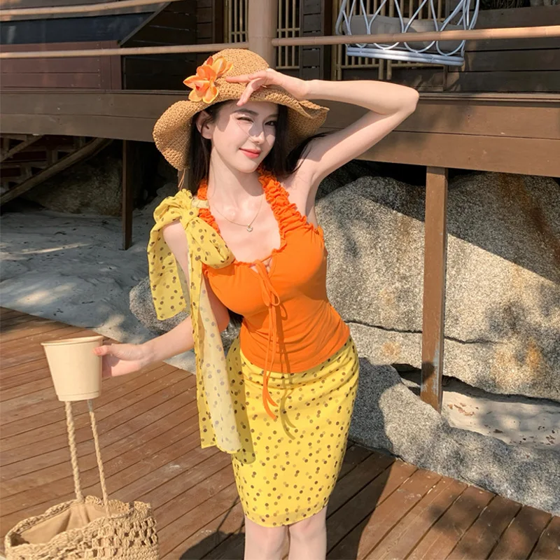 

2026 New Summer Vacation Style Wooden Ear Hanging Neck Solid Color Top Polka Dot Skirt for Women