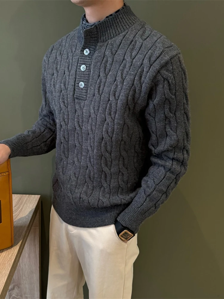 Vintage Knitting Pullover Mens Stylish Solid Color Long Sleeve Shirt Men Fall Winter Knitted Fake Two Piece Design Polo Shirts