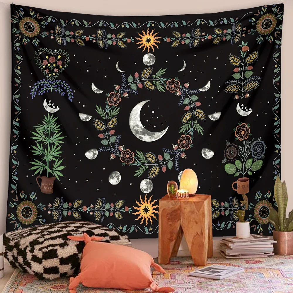 

Moon phase Floral Tapestry Wall Hanging Celestial Flower sun moon Starry black bohemia mandala Wall Carpets Dorm home Decor