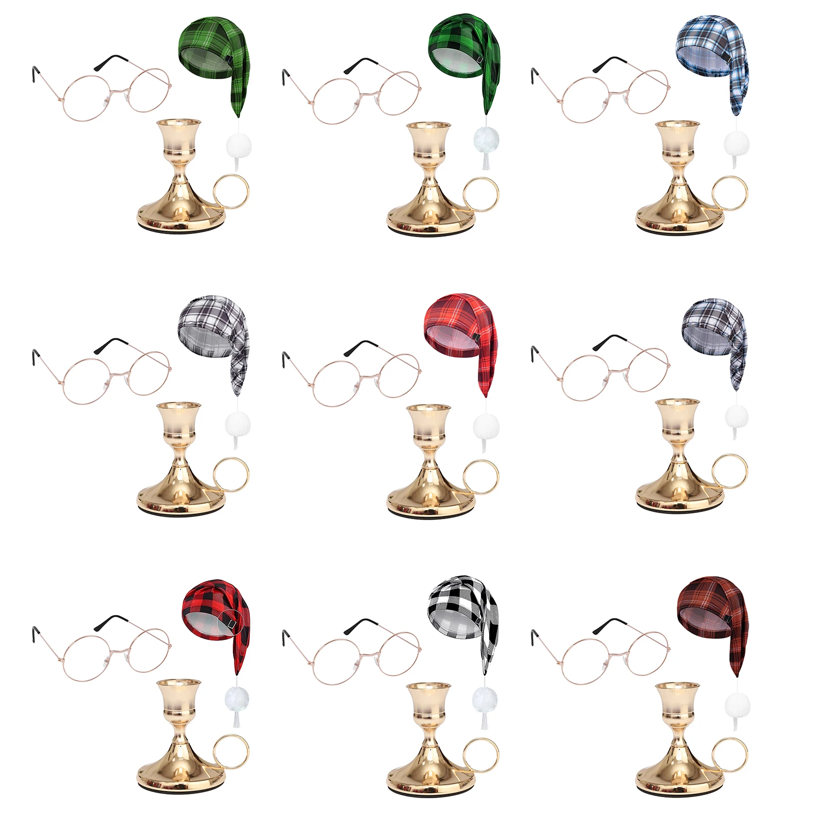 Chapéu de noite xadrez para festival masculino, chapéu com suporte de vela cônico de metal dourado e óculos planos de papai noel para o natal