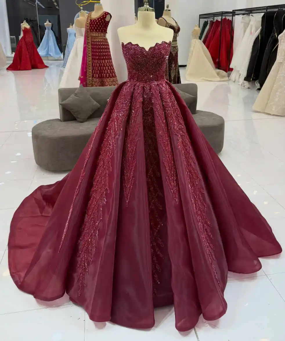 

Chic Burgundy Sequin Strapless Evening Gown Leaf Embroidery Tulle Sweep Train Ball Gown Formal Dress платье вечернее Customized