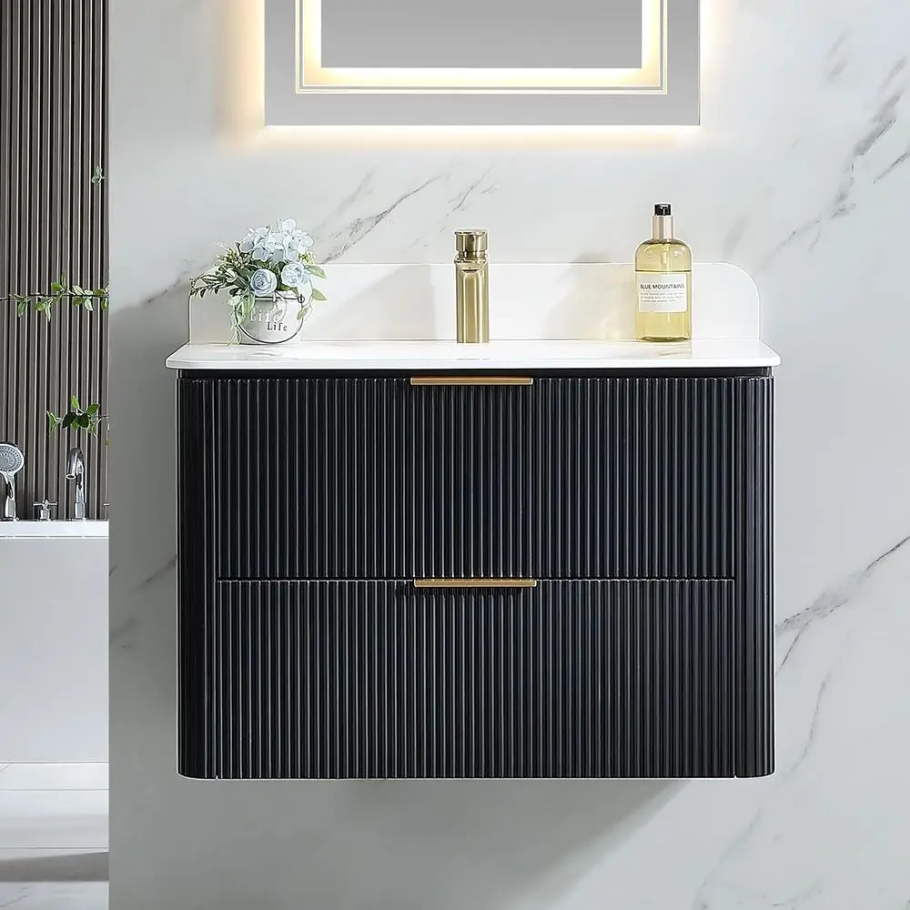 

30 Inch Wall-Mounted Floating Vanity with Sink, Pre-Assembled Plywood Cabinet, Rounded Safety Edges, 2 Soft-Close Drawers, Metal