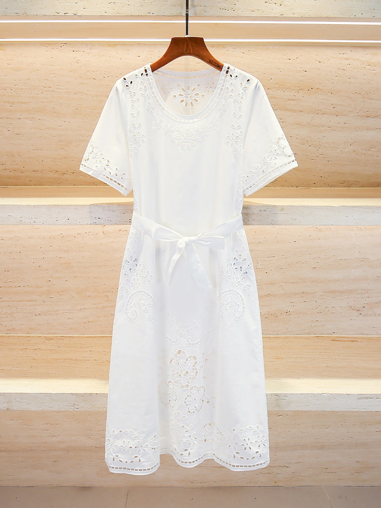 

Ele Embroidered Hollow out Waist-Cinching Belted Dr Gentle Breeze Sle A-Line Skirt ort Sve Mid-Length Dr