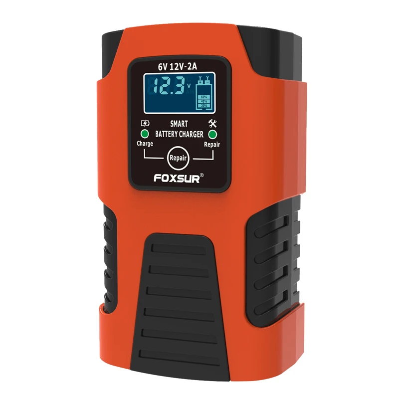 

FOXSUR Полностью автоматическое интеллектуальное зарядное устройство на 2 А, зарядное устройство для аккумуляторов 6 В и 12 В, устройство обслуживания аккумуляторов, качковое зарядное устройство, десульфатор аккумуляторов
