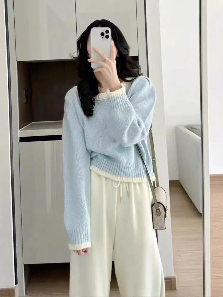 Autumn and Winter Korean Women\'s Set Small Fragrant Blue Knitted Sweater+Wide Leg Pants Two Piece Set