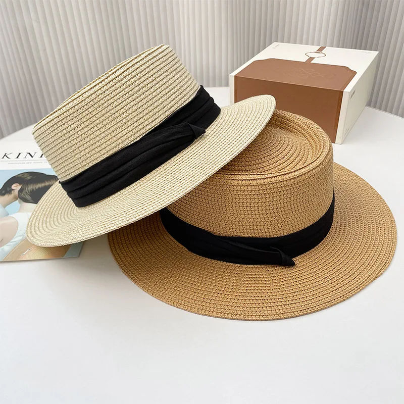 Women\'s Summer Seaside Sun Shading Straw Hat Holiday Outing Wide Brim Cap Beach Weaving Anti-ultraviolet Sun Hat Bow Caps