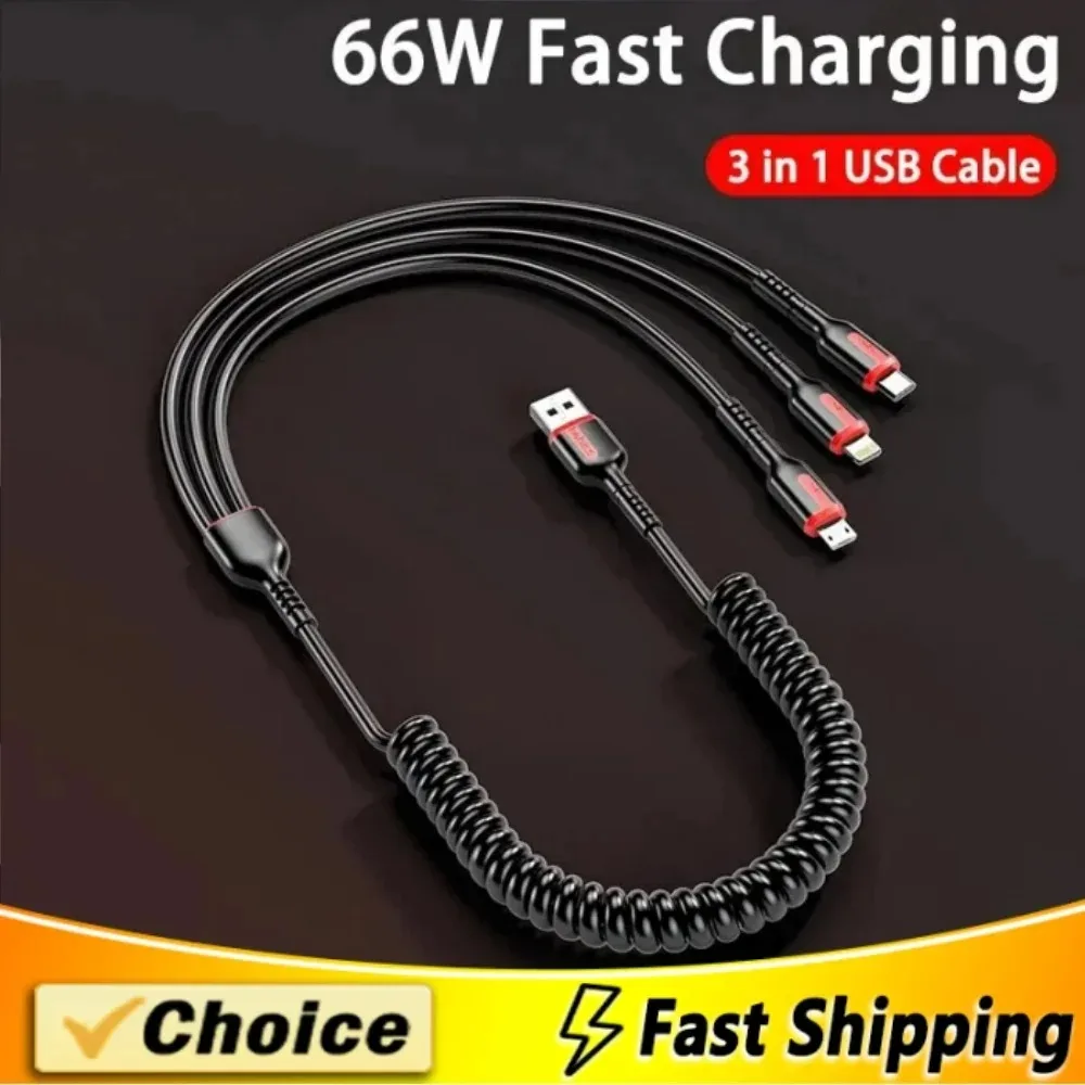 66W USB Type C Cable Three In One spring Data Cable Fast Charging Cable For iPhone Huawei Xiaomi Samsung Mobile Phone Wire Cord