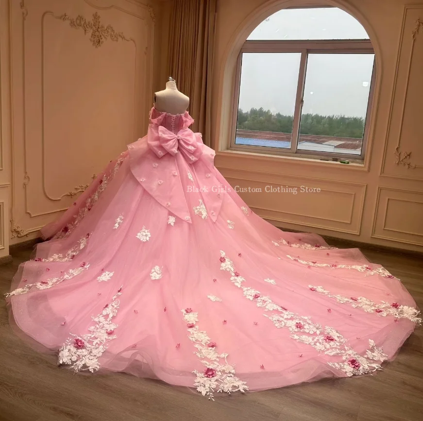 Vestidos de fiesta de princesa rosa de ensueño, vestidos de quinceañera, precioso vestido Floral 3D con apliques de tren catedral, vestido personalizado de 15 años