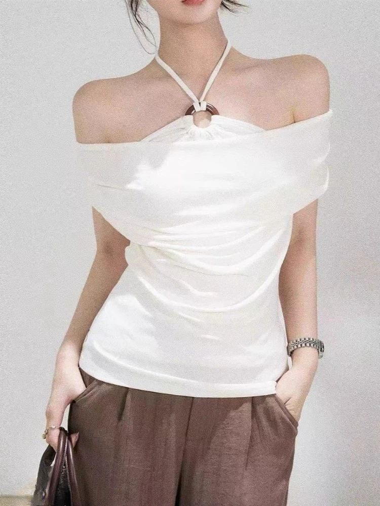 Y2k Aesthetic Fake Two Pieces Slash Neck Sexy T-shirt Women Streetwear Sleeveless Grunge Tops Streetwear Slim Fit Halter ​tees