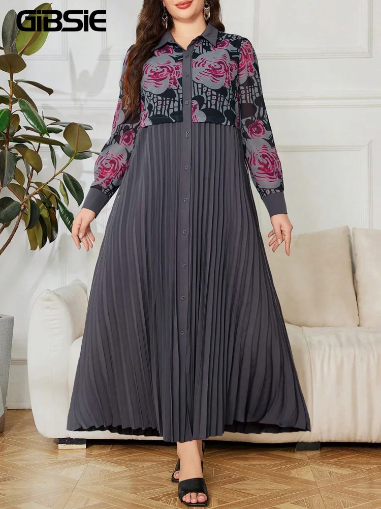 GIBSIE プラスサイズ 2in1 プリントシャツワンピース レディース 秋 2025 新作 ヴィンテージ 長袖 ルーズ ファッション プリーツ マキシ丈ワンピース