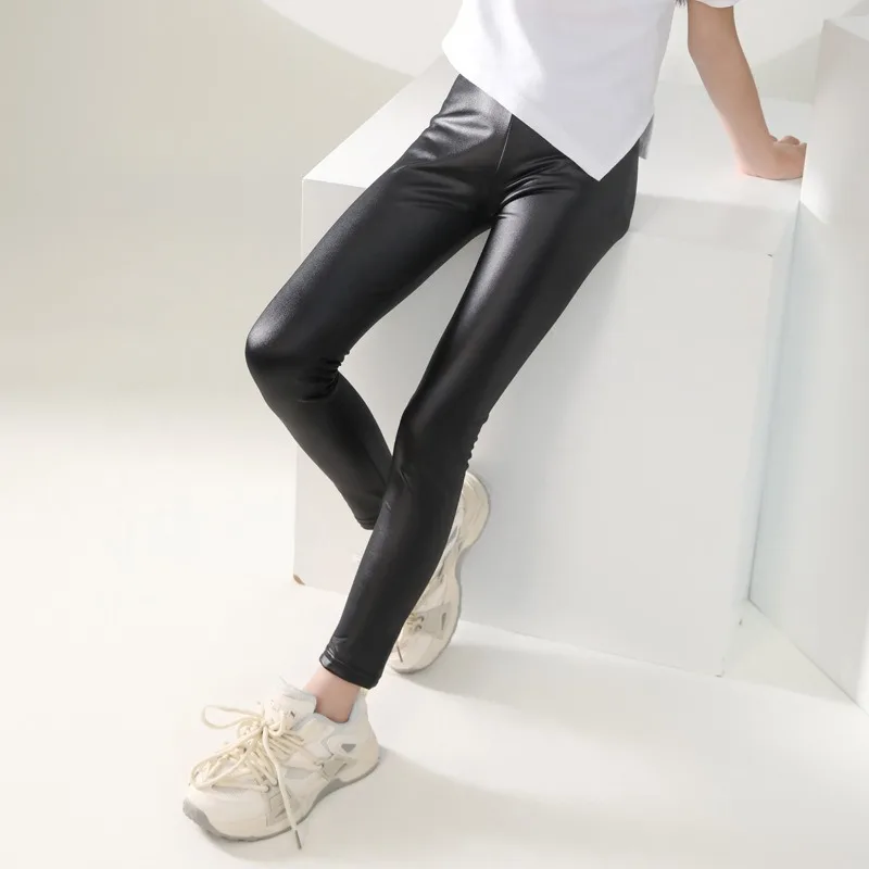 Girls\' Leggings Spring and Autumn Thin Children\'s Slim Fit Imitation Leather Pants Baby Elastic Pants 3-12 Years Old