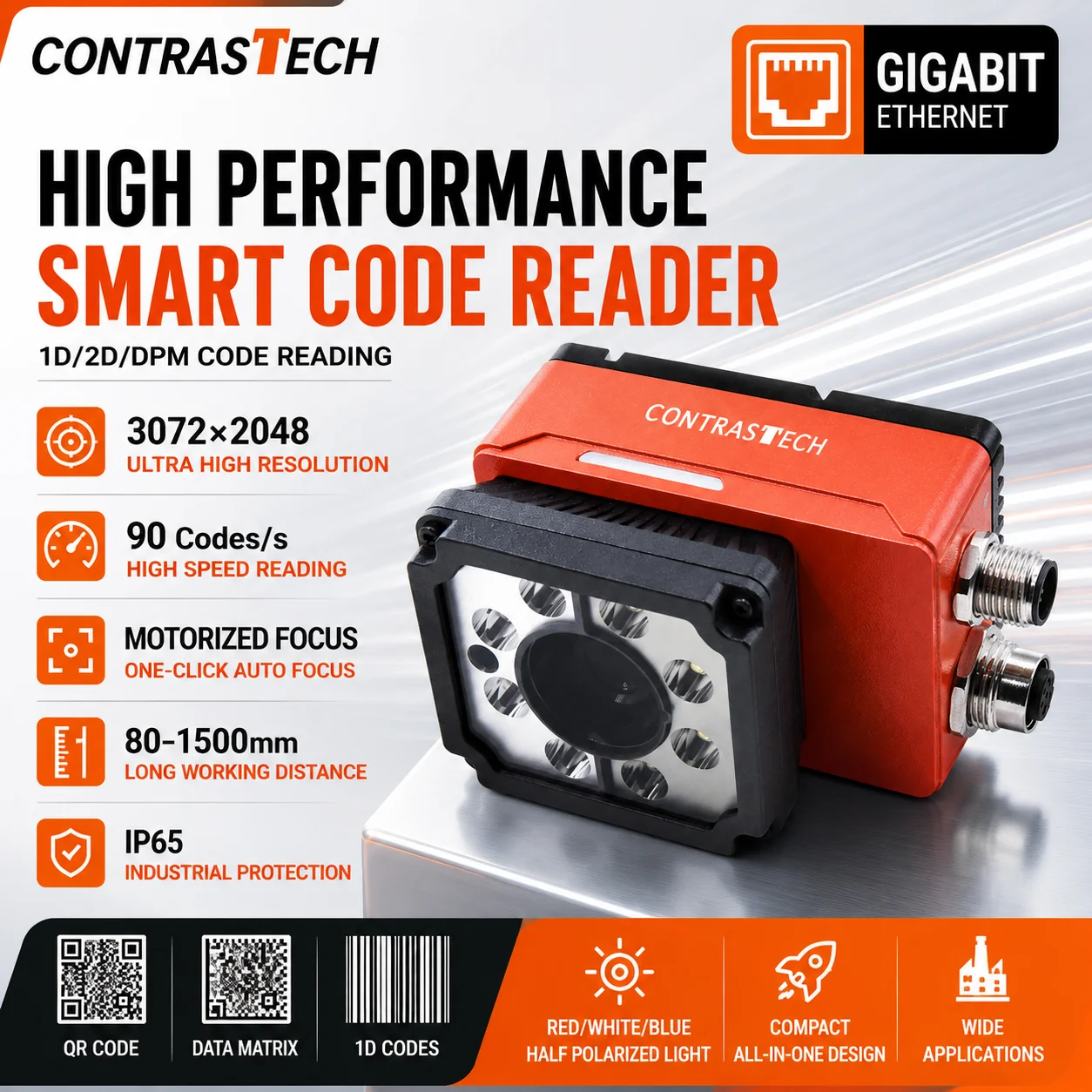 6.3MP Industrial Barcode Reader 3072x2048 90 Codes/s 1D 2D DPM Gigabit Ethernet Motorized Focus VRC60xxS For PCB Inspection