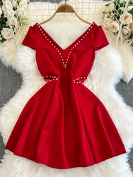 Foamlina Red V-neck Night Club Dress Female Sexy Mesh Waist Hollow Out Skinny Backless Low Chest A-word Dress for Women