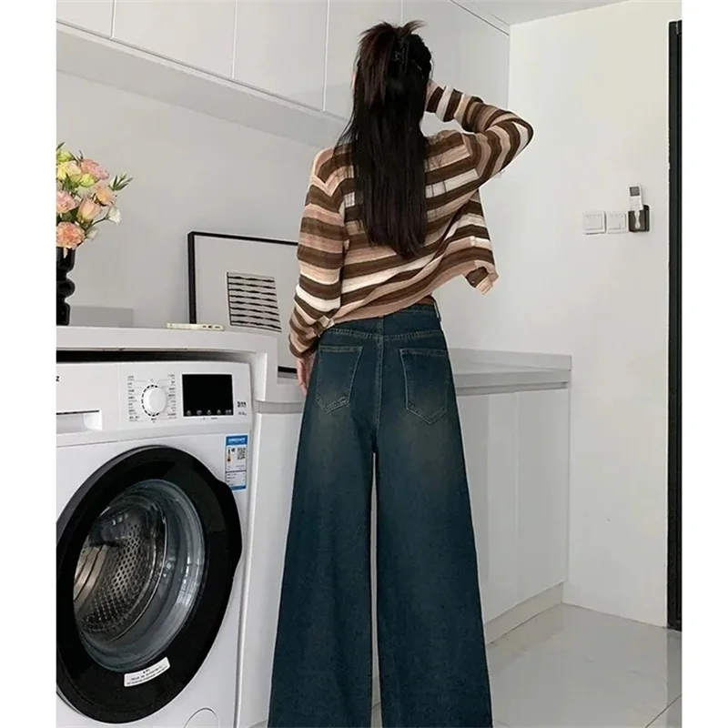 ربيع الخريف المرأة جينز واسع الساق 2025 الراقية الإناث بلون البوق السراويل الكورية سيدة الموضة عالية الخصر كاوبوي بنطلون