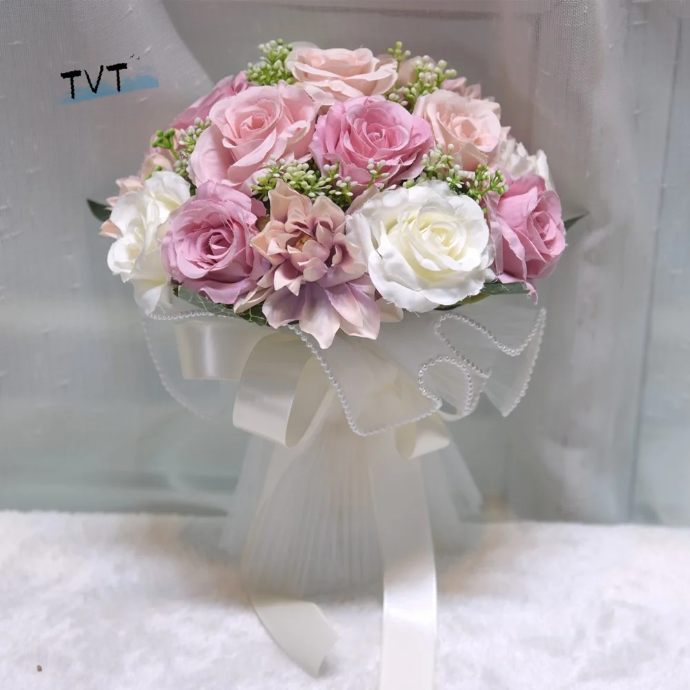 

Baby's Breath Romantic Wedding Bouquets Exquisite Ribbon Bridal Bouquet Korean Style Pearl Lace White Rose Bouquet Bridal Shower