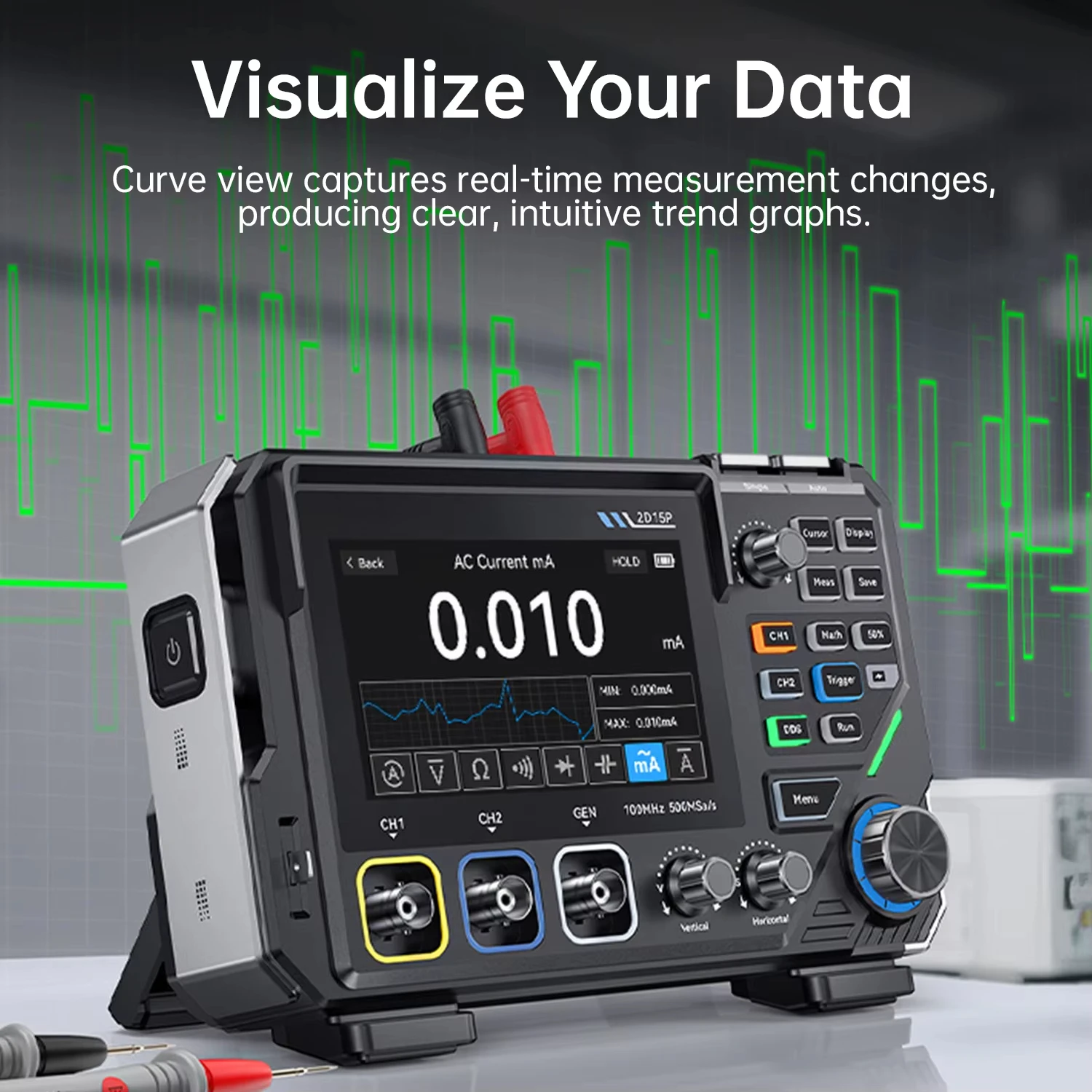 2D15P Touch Screen Digital Oscilloscope Multimeter Signal Generator 3-in-1 Dual Channel 100MHz 500MSa/s 20000 Counts