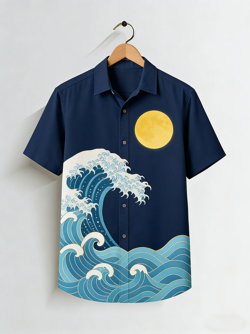 2026Men's Loose Soft Short Sleeve Shirt Wave Rising Sun HD Pattern Printed Shirt Hawaiian Vacation Outdoor Design Men's Clothing