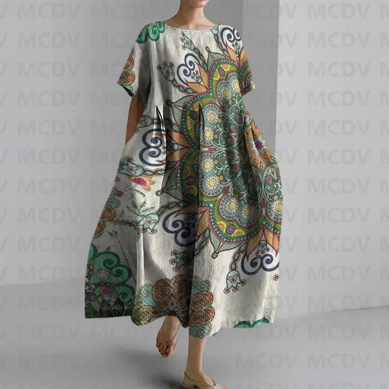 Robe mi-longue décontractée à manches courtes pour femmes, imprimé mandala arc-en-ciel, vacances Boho Hiphelicopter Vibes