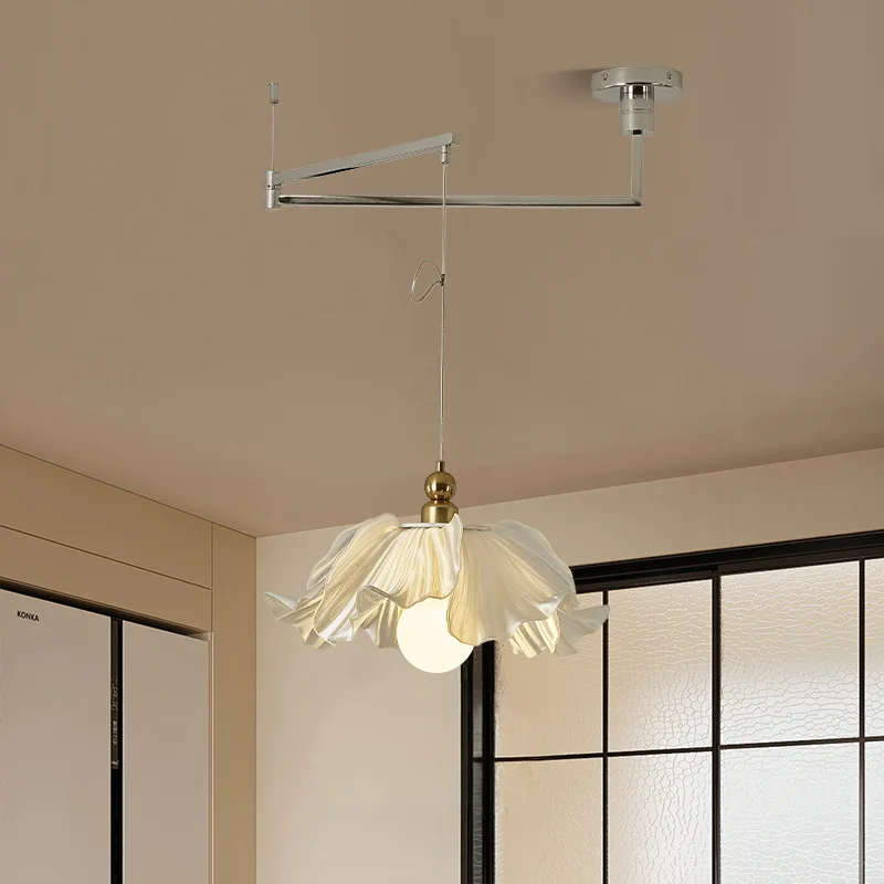 New French Cream Style Petal Restaurant Pendant Designer's Creative Warm and Romantic Swing Arm Decoration LED Chandelier