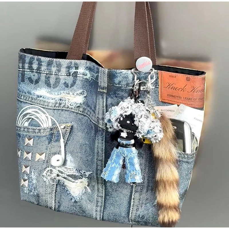 Reversible PVC-Schultertasche mit beidseitigem Druck, Retro-Denim-Print, wasserdichte Einkaufstasche mit großer Kapazität, leichte Einkaufstasche – Detail 7