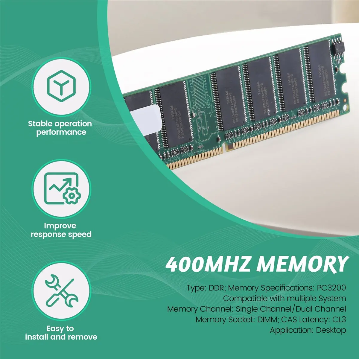 A40I 2.6V DDR 400MHz 1GB Memory 184Pins PC3200 Desktop for RAM CPU GPU APU Non-ECC CL3 DIMM