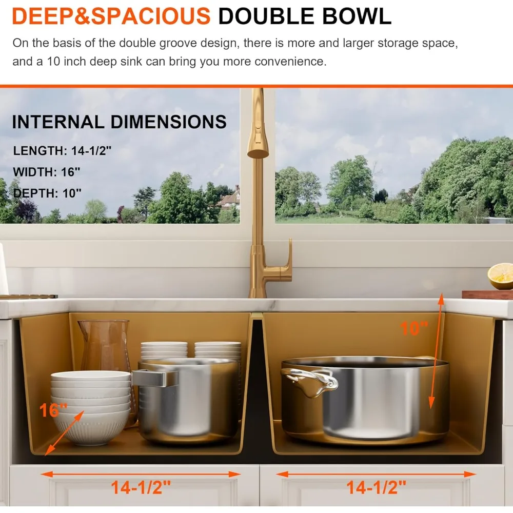 32 Inch Gold Double Bowl Kitchen Sink Undermount 304 Stainless Steel 16 Gauge 50/50 Spacious Double Basin Design Sinks