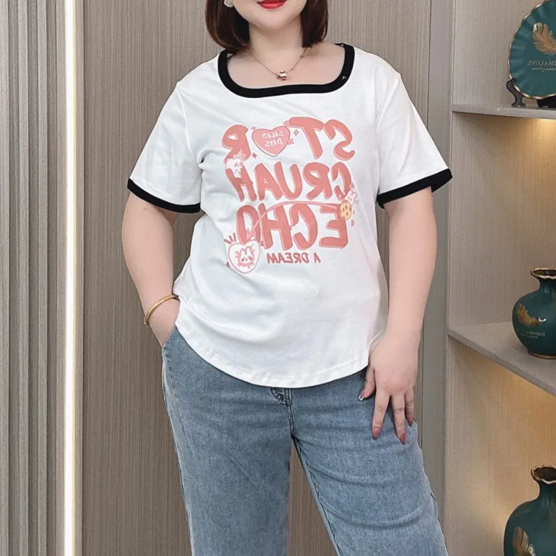 Plus Size Tops Women 2024 Summer New Short Sleeve T-shirt Thin Casual Cotton Square Collar Printing Tees