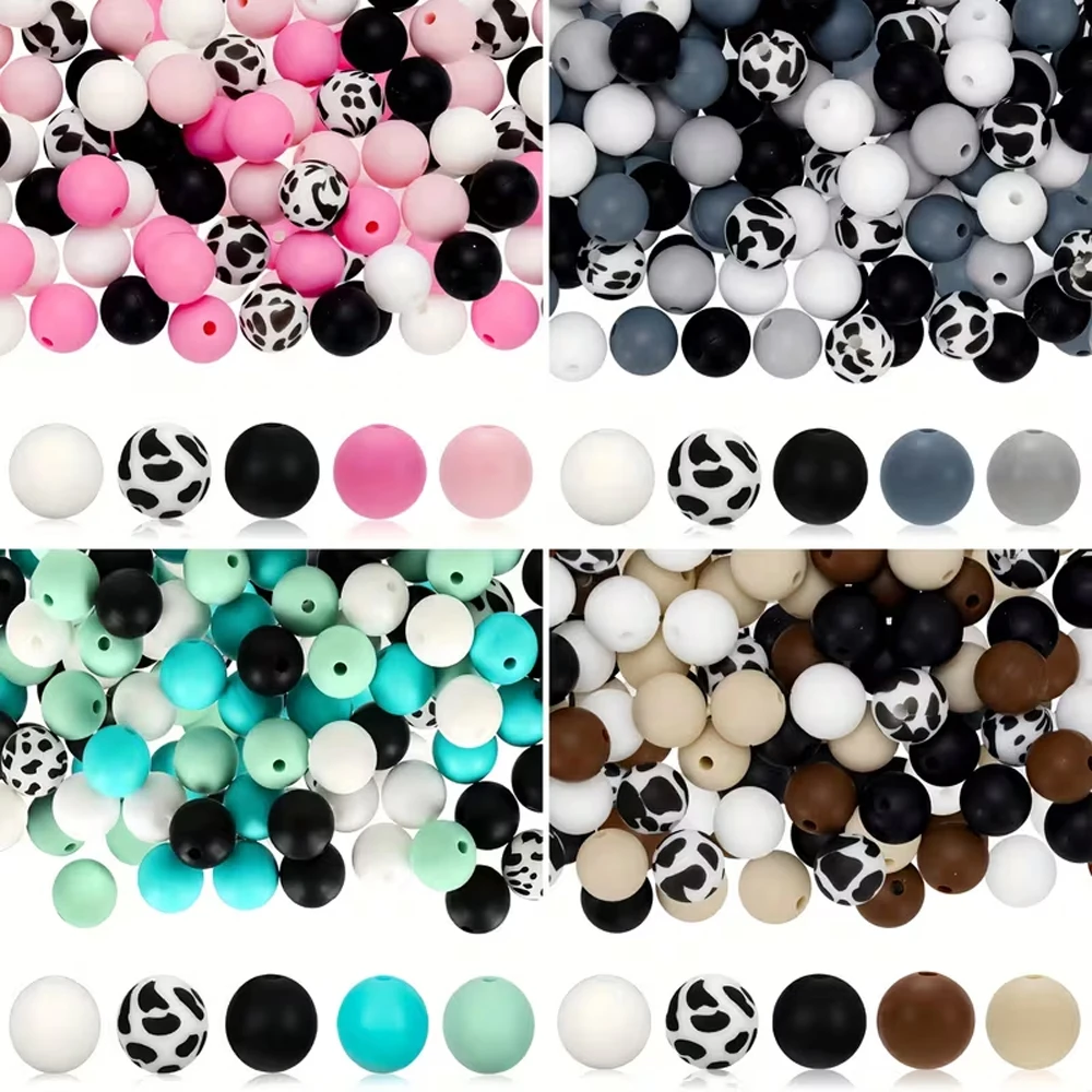 30Pcs Cow Pattern Silicone Beads Set DIY Beaded Necklace Bracelet Decoration Pen Jewelry Pendant Etc. Holiday Birthday Gift