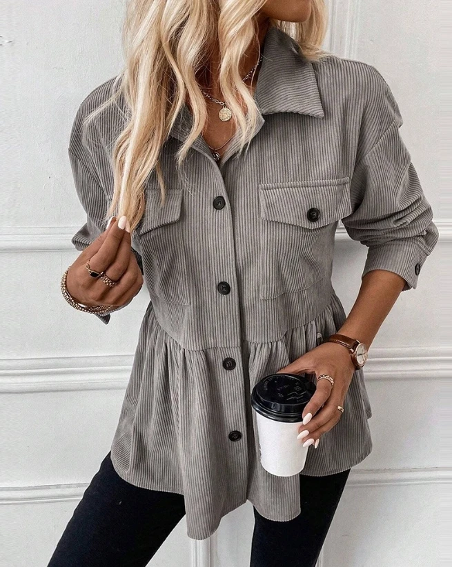 Women's Coat Autumn Winter Daily Casual Solid Color Corduroy Turn-down Collar Pocket Button Down Long Sleeve Ruffle Hem Shacket