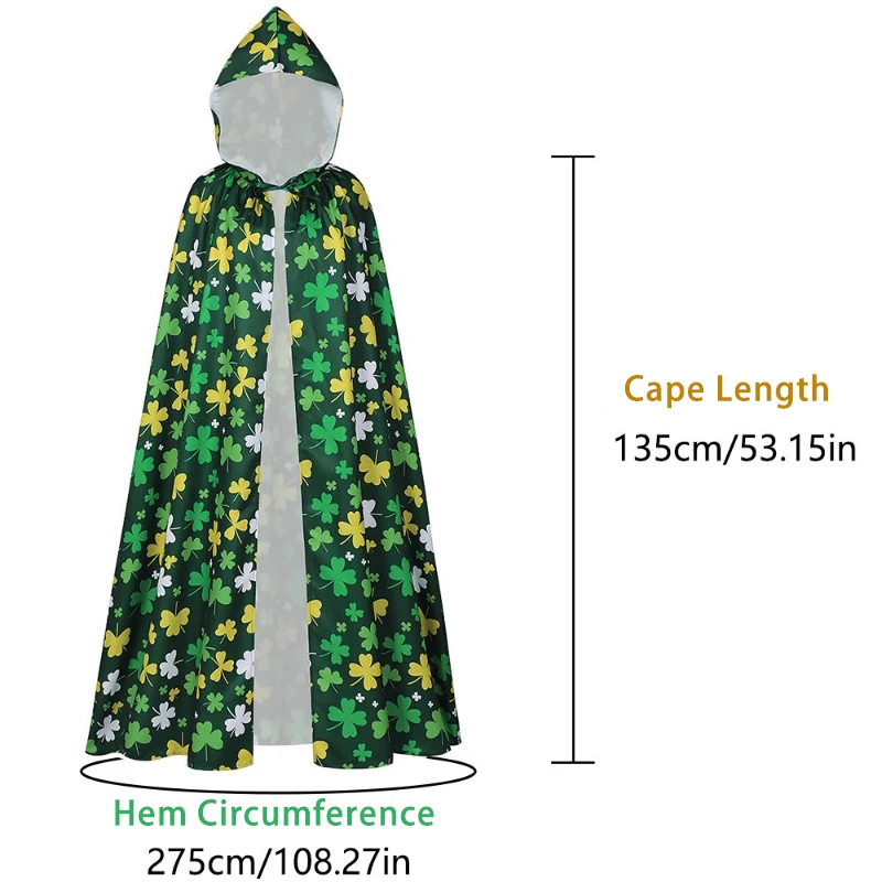2026 Green Four-Leaf Print Irish Festival Hooded Cloak for Men, St. Patrick's Day Party/Carnival Hooded Cape, One Size Fits All