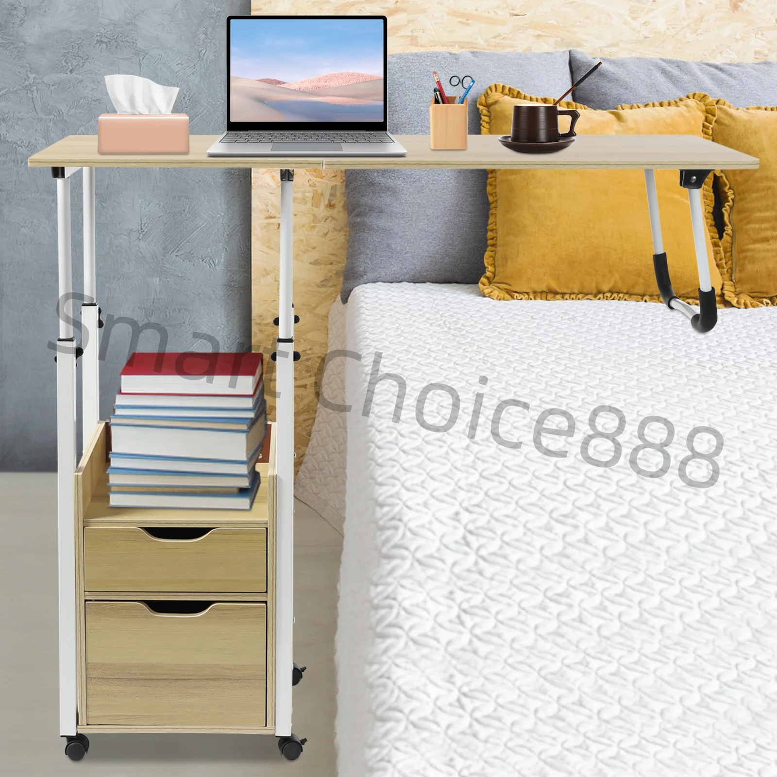

Movable Bedside Lift Table with Storage Cabinet Height Adjustable Laptop Desk Wheeled Side Table for Bedroom/Hospital