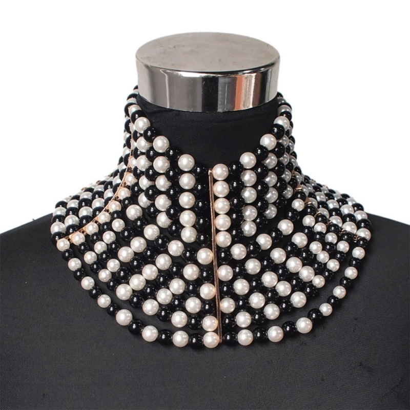 Women Vintage Exaggerated Choker Multi Strands Layered Imitation Pearl Jewelry High Collar Statement Necklaces for Wedding Dress