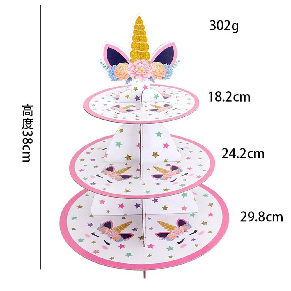 1set/lot Unicorn Horse Cake Stand 3 Tier Cupcake Holder Stand Disposable Foldable Dessert Display Kids Birthday Party Supplies