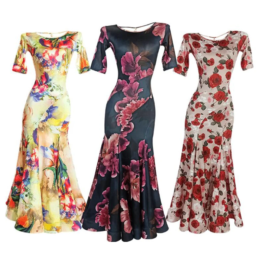 Modern Dancewear Female Adult Elegant Flower Print Ballroom Dance Dresses Midi Sleeve Foxtrot Women Stage Waltz Long Dress