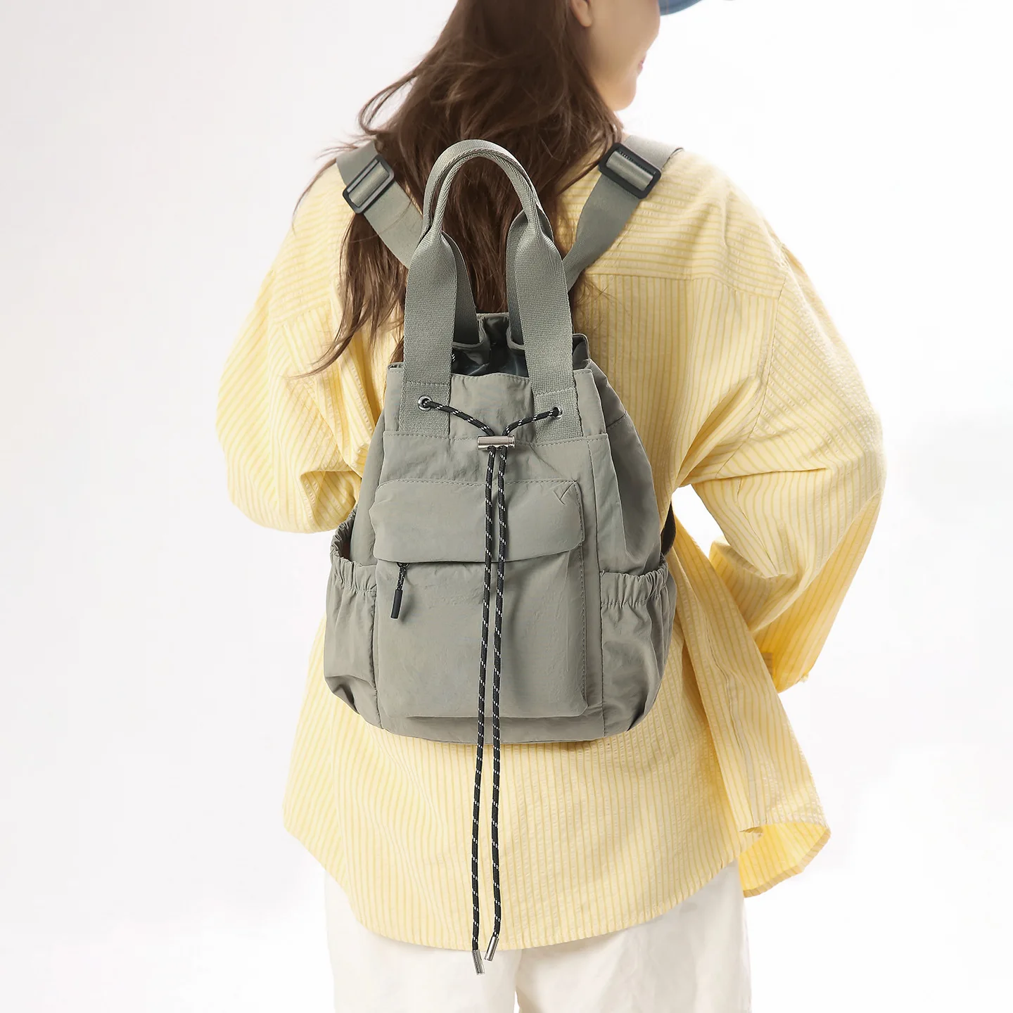 Women Casual Backpack Lightweight Nylon Daypack Female Travel Shoulder Bag With Front Pocket Drawstring And Side Pockets Daily