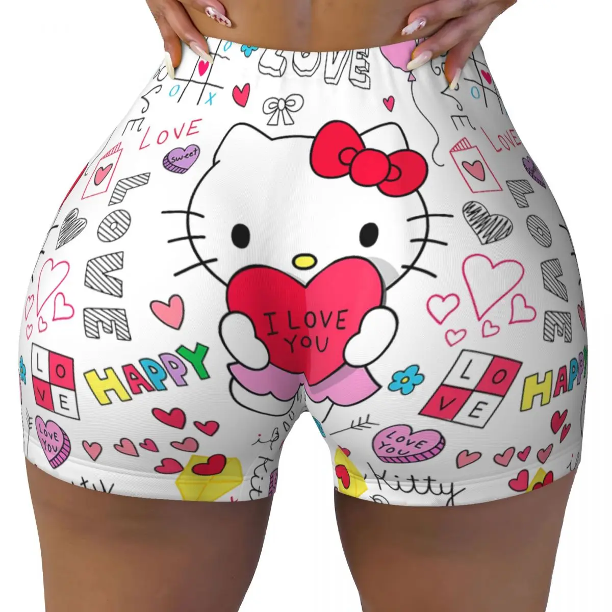 Hello Kitty Love Notes Valentine Yoga Shorts Women's Lift Fitness Workout Gym Pants