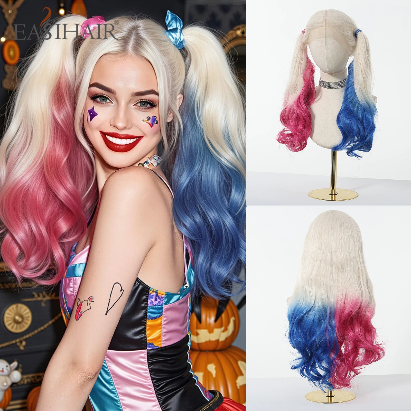 

EASIHAIR Хэллоуин Косплей Синтетические парики для женщин Ombre Blonde to Blue Red Красочные парики 13*4 Кружевные фронтальные волосы Длинные волнистые парики