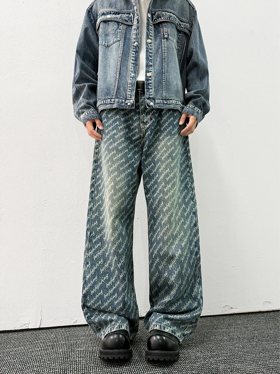 

Мужские джинсы из денима в американском стиле, с вышивкой букв, прямые, длинные, широкие, свободного кроя, осень 2025