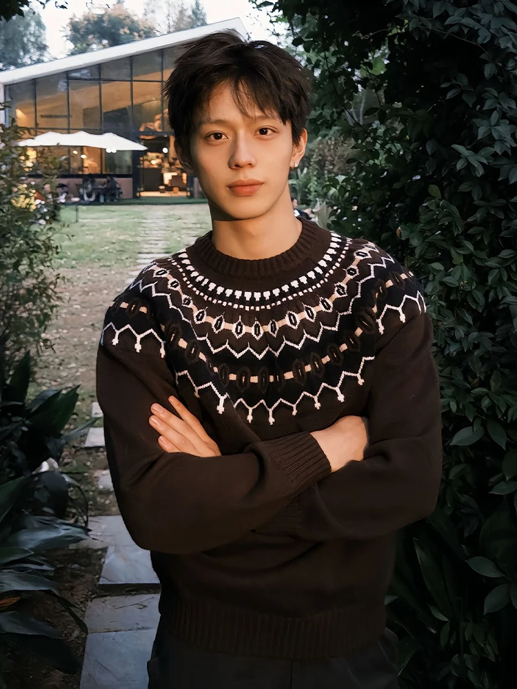

Men's Fair Isle Knitwear Brown Casual Long Sve Sweater Inner Wear Outer Wear Lazy High-End Feeling Flower Pattern Knitted ...