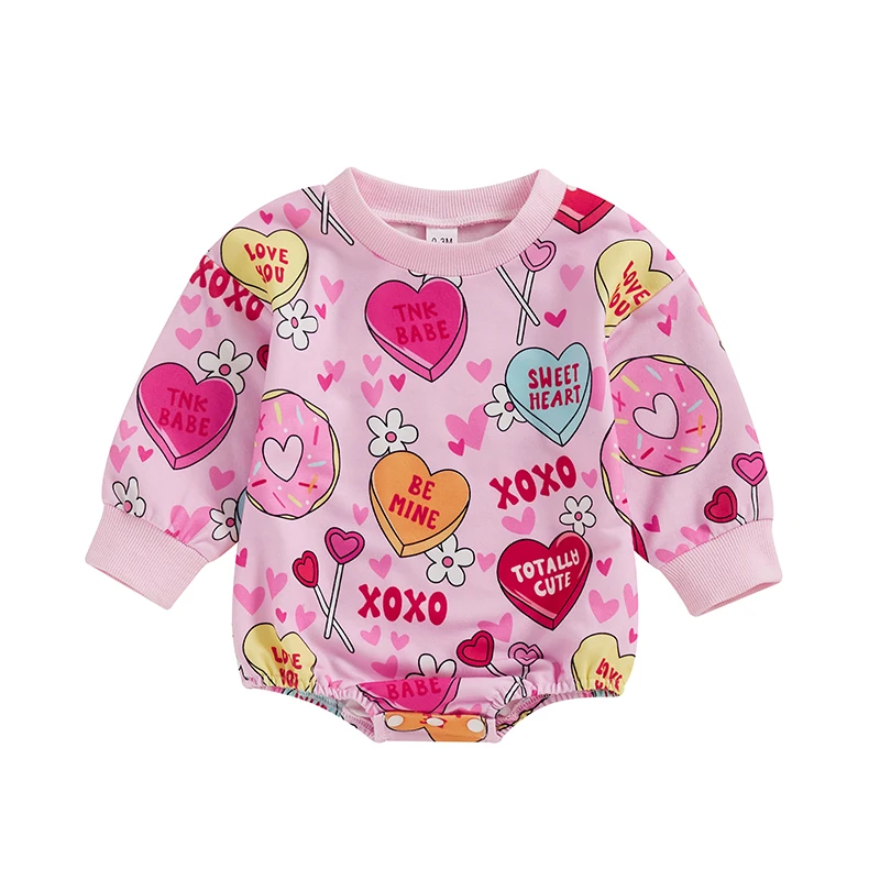 Baby Girl Spring Romper Long Sleeve Round Neck Heart Lollipop Print Bodysuit Newborn Outfit