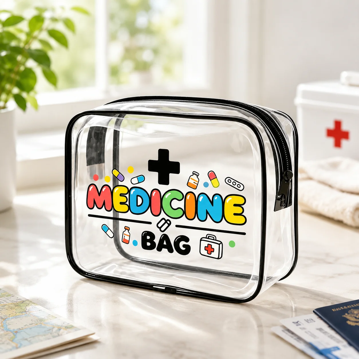 Clear Medicine Bag with Colorful Print, Waterproof PVC Zipper First Aid Organizer for Family Travel, Home and Outdoor