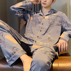 Men's Lapel Pyjamas 2024 New Cotton Long-Sleeved Summer Men's Imitation Cotton Home Wear Suit