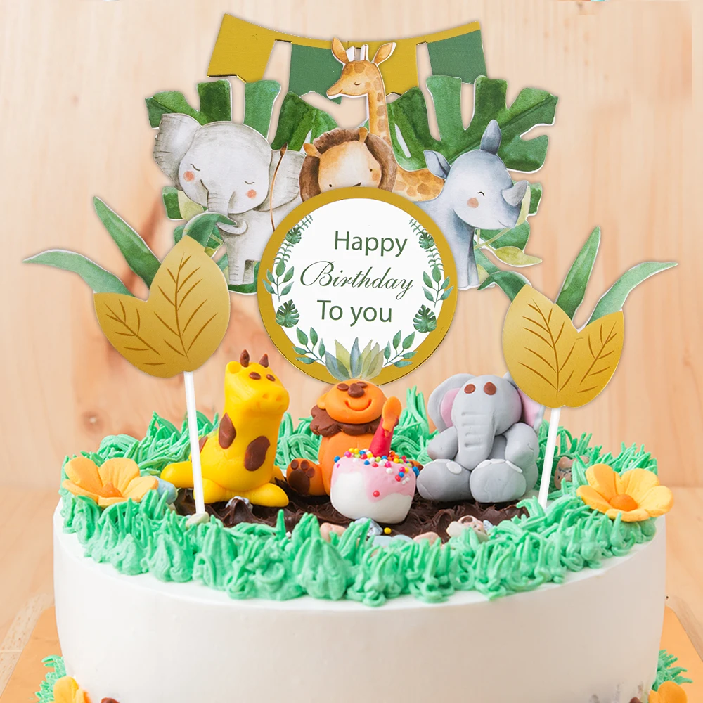 1set Safari Animal Cake Topper Lion Elephant Cupcake Insert Card Kids Boy Wild 1st Birthday Party Decoration Baby Shower Supplie