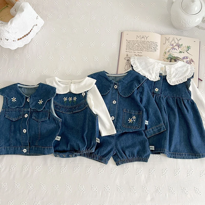 Infant Kids Baby Girls Lapel Denim Set Sweet Baby One Piece Rompers 2Pcs Clothing Sets Baby Girls Children\'s Clothes Suit