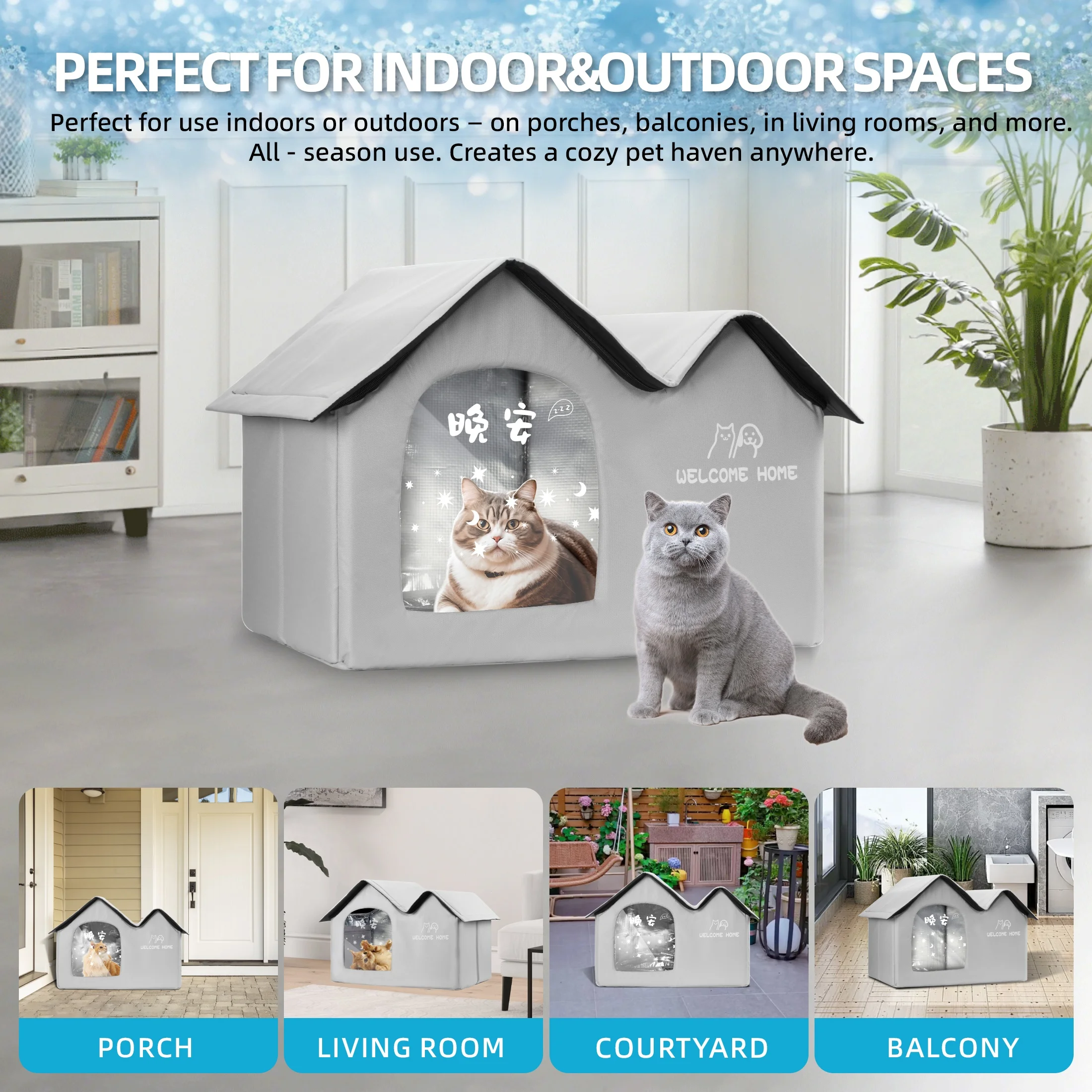 

Double Roof Stray Cat Shelter 4 Season Outdoor Waterproof House with Climate Control Bag All Weather Proof Warm Cool Auto Adjust